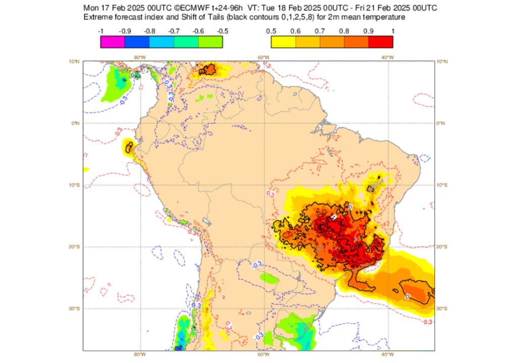 Prognóstico de Índice de Previsão Extrema (EFI) do modelo europeu ECMWF para os próximos dias. Prognóstico de Índice de Previsão Extrema (EFI) do modelo europeu ECMWF para os próximos dias.