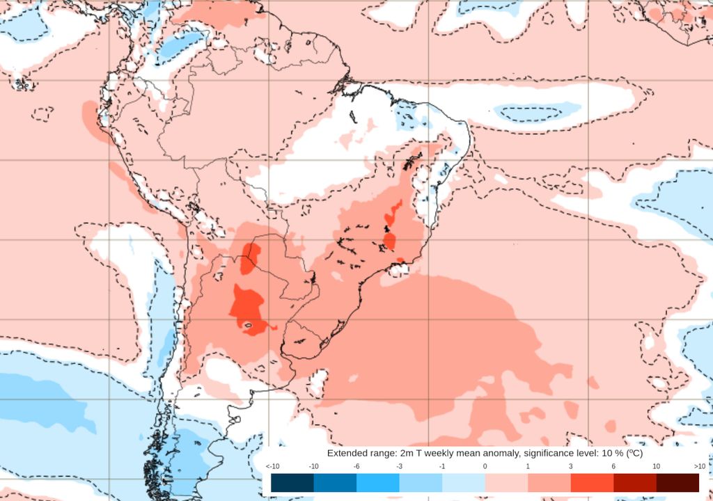 Previsão de anomalia de temperaturas do modelo ECMWF entre os dias 24/02 e 03/03. Previsão de anomalia de temperaturas do modelo ECMWF entre os dias 24/02 e 03/03.