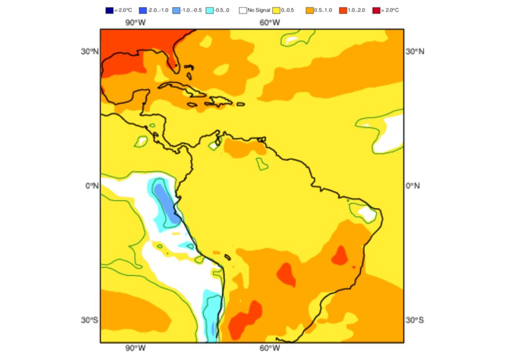 Previsão de anomalia de temperaturas do modelo ECMWF para o trimestre MAM de 2025. Previsão de anomalia de temperaturas do modelo ECMWF para o trimestre MAM de 2025.