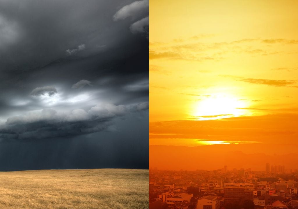 Fotografia de tempestade à esquerda e dia ensolarado sobre uma cidade à direita.