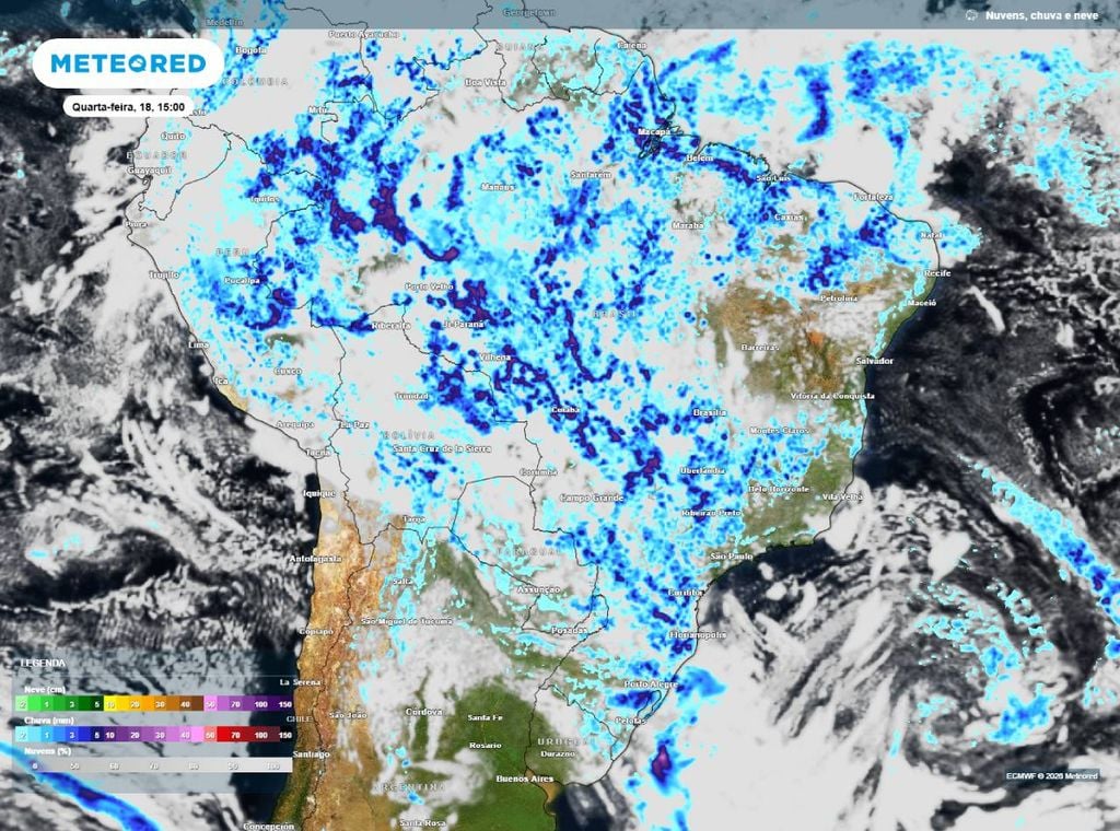 Previsão de precipitação (em mm) para a quarta-feira (18) à tarde (15h), segundo o modelo europeu ECMWF.