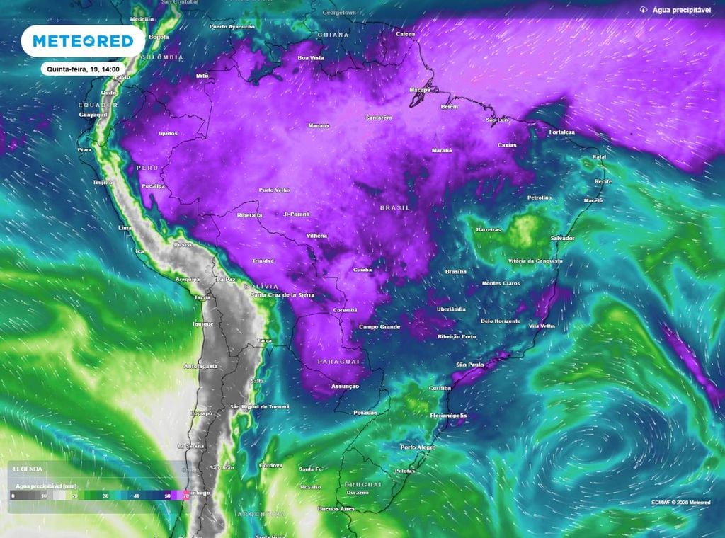 Previsão de água precipitável (em mm) para a quinta-feira (19) à tarde (14h), segundo o modelo europeu ECMWF. Esta variável indica a quantidade de vapor d’água disponível na atmosfera para se transformar em chuva (tons roxos maiores quantidades).