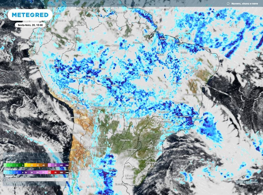 Previsão de precipitação (em mm) para a sexta-feira (20) à tarde (15h), segundo o modelo europeu ECMWF.