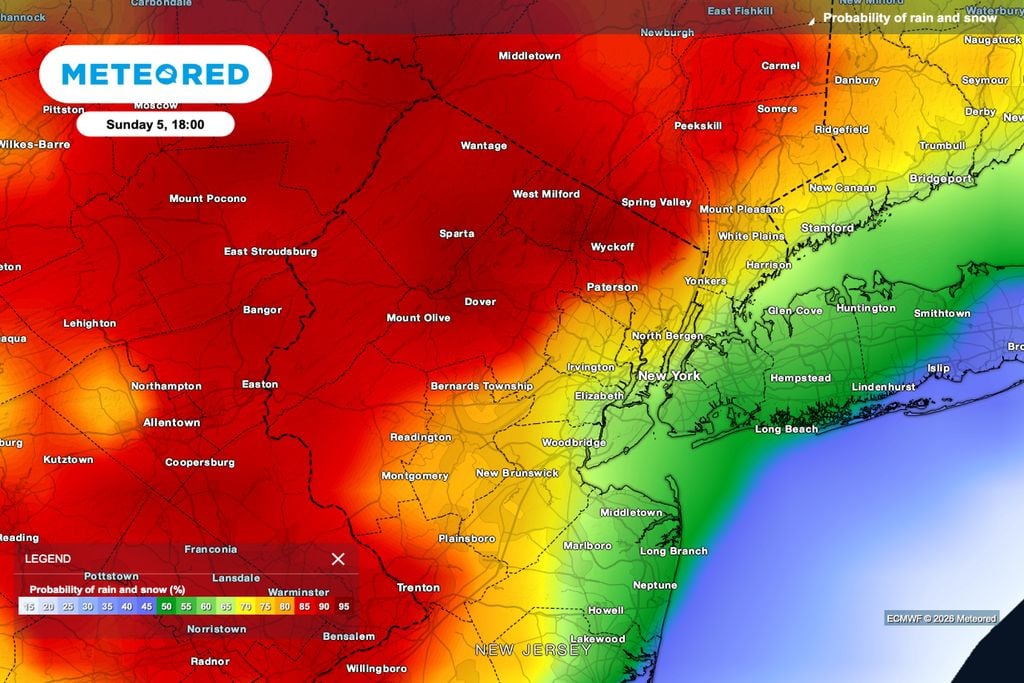 chuva, probabilidade, temperatura, tempo A probabilidade de chuva aumenta no fim da tarde e início da noite de domingo em New Jersey, podendo afetar a saída do estádio e o retorno dos torcedores após Brasil x Noruega.