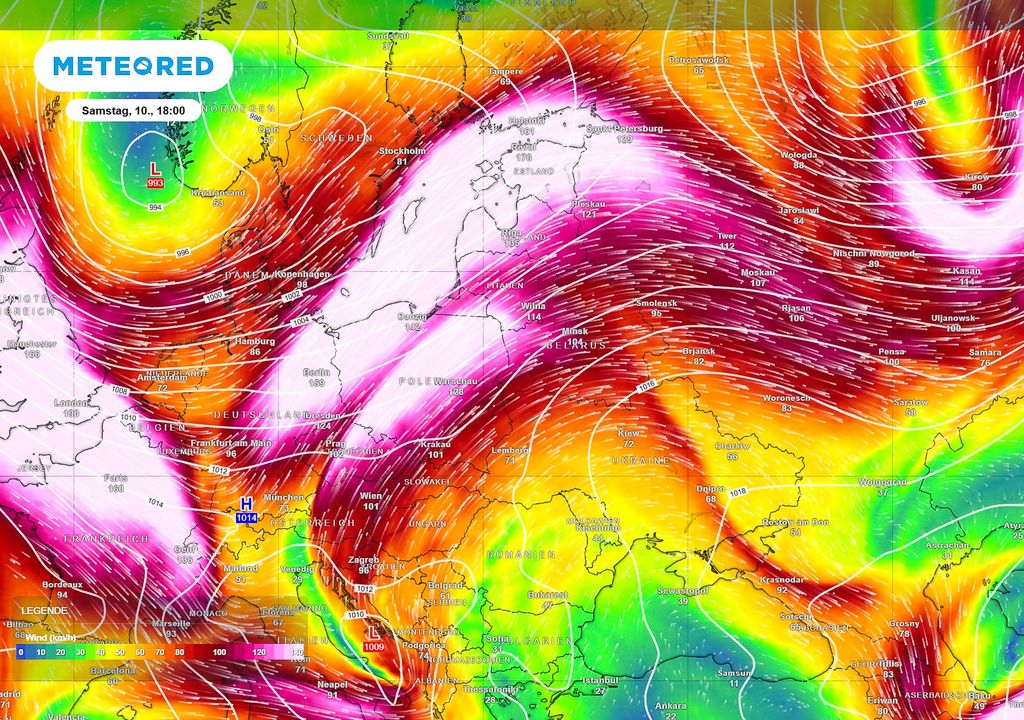 Jet Stream, 850 hPa Bild 1: Der Jet Stream liegt direkt über Deutschland. Nördlich mit entwickelt sich ein Tief, südlich ein Hoch. Im Verlauf scheint sich das südliche Hoch in Kombination mit dem Hochdruckgebiet über dem Atlantik durchzusetzen.