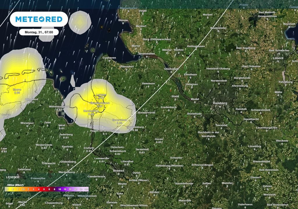 Blitze, Bremerhaven, Montag Am Montag zieht ein leichtes Gewitter über Bremerhaven. Die Modelle erwarten es zwischen 7.00 Uhr und 9.00 Uhr.