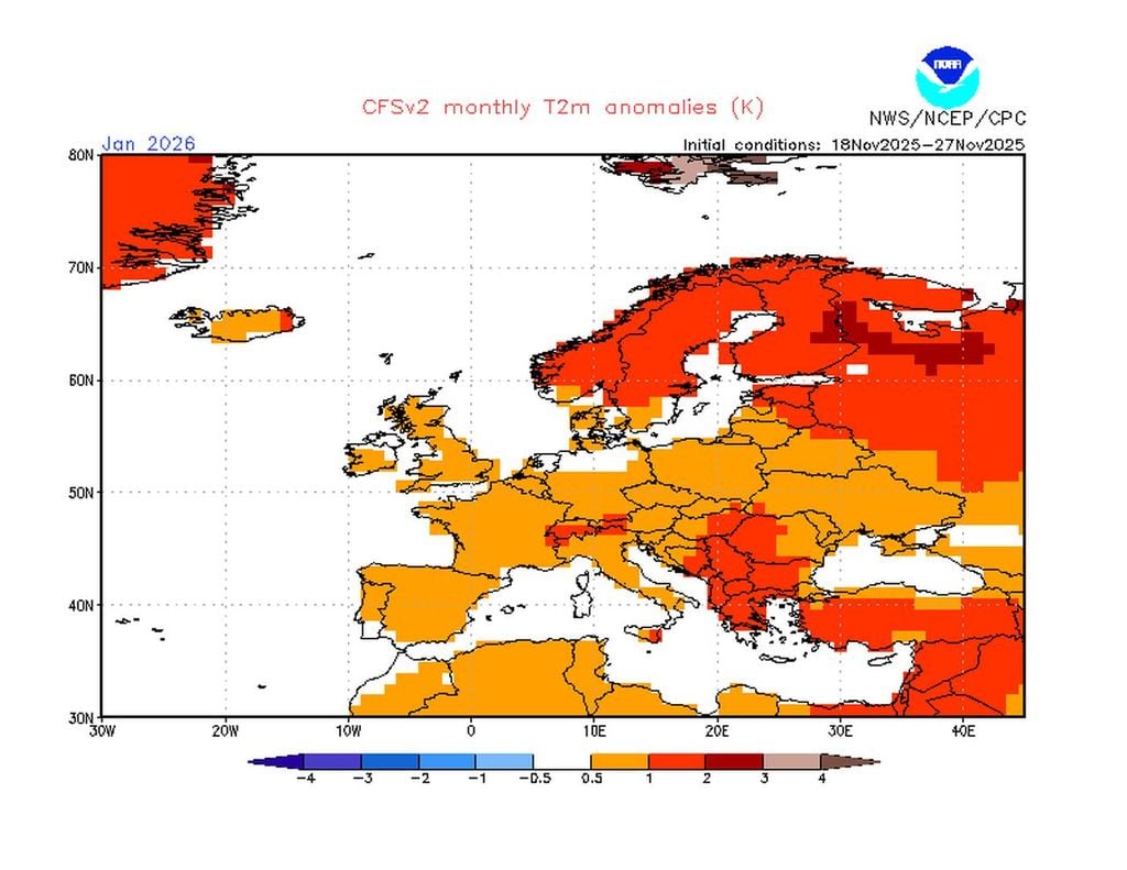 La prévision de janvier du modèle CFS de la NOAA. Il y a un peu plus de deux mois, l’anomalie douce était nettement plus marquée.