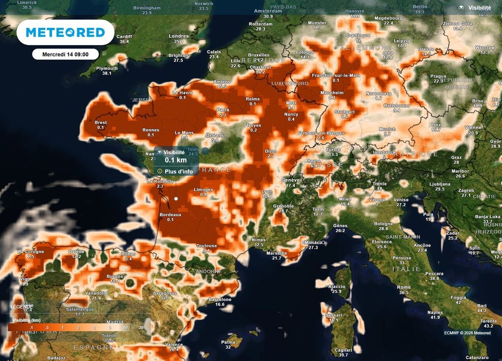 Visibilité réduite nuages bas brouillards mercredi matin France Ce mercredi matin, la visibilité sera réduite sur une large partie de la France, avec de nombreux brouillards et nuages bas.
