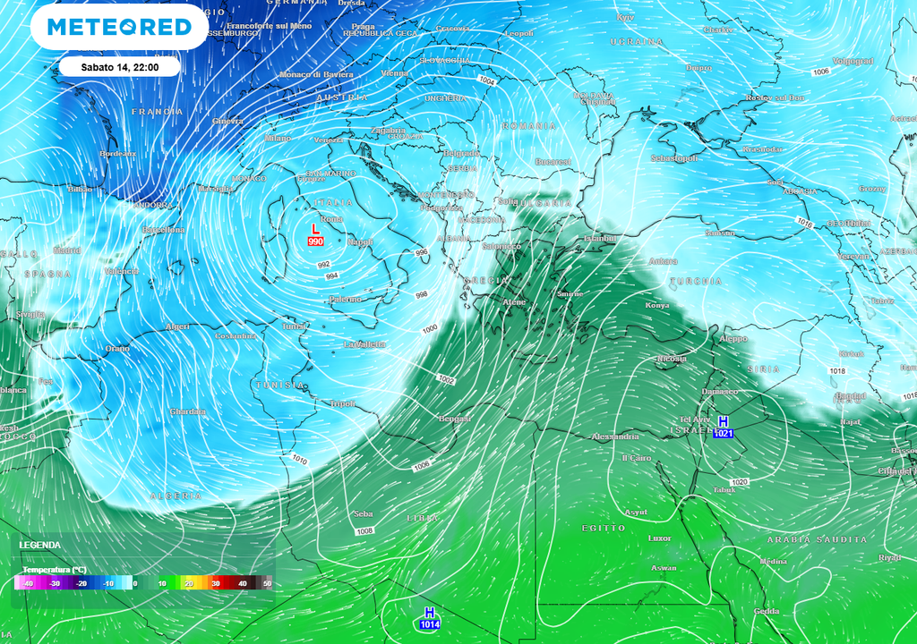 La massa d'aria fredda in arrivo sabato prossimo sull'Italia, durante la giornata di San Valentino.