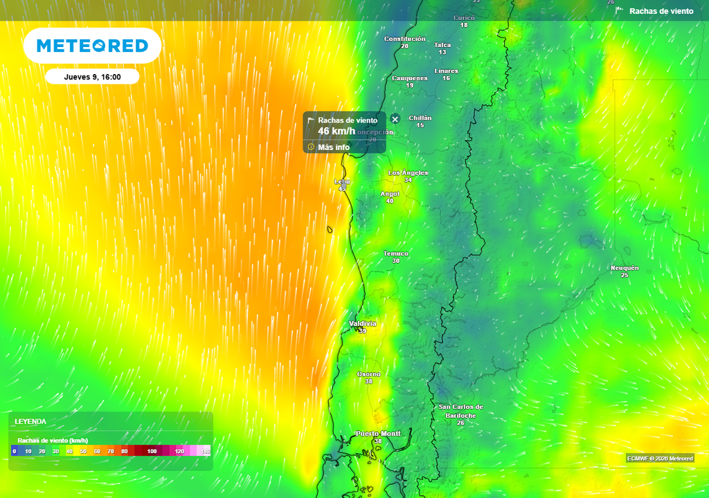 Meteored pronostica fuerte viento para Chile centro-sur Rachas de viento (km/h) para la tarde del jueves 09 de abril 2026 en la zona centro-sur de Chile.