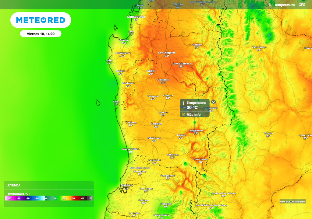 Pronóstico de Meteored por altas temperaturas en Chile centro-sur Temperatura máxima (°C) para el viernes 10 de abril 2026 en Chile centro-sur.