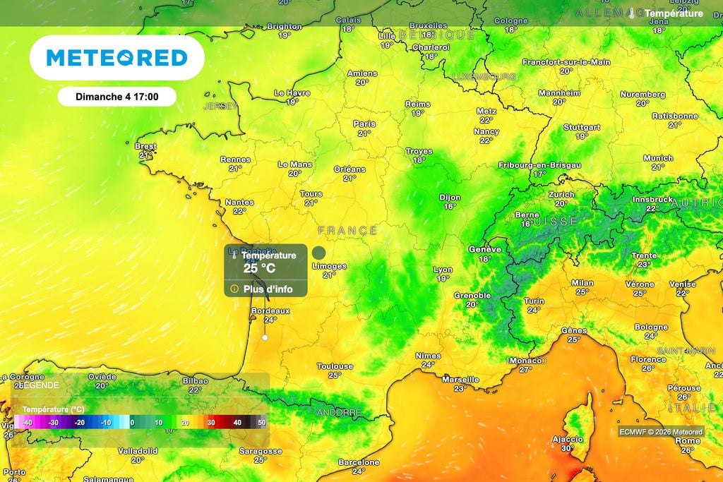 Températures prévues dimanche après-midi. Source : modèle ECMWF. Températures prévues dimanche après-midi. Source : modèle ECMWF.