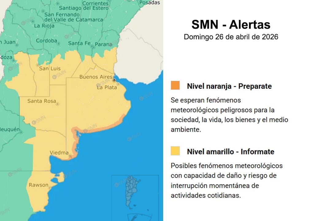 Áreas bajo las alertas meteorológicas emitidas por el SMN para mañana domingo 26