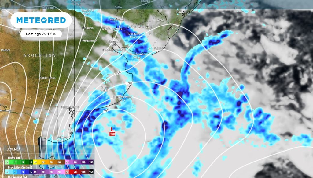 Así será la configuración de las isobaras alrededor de las bajas presiones, configurando una ciclogénesis para el domingo 26