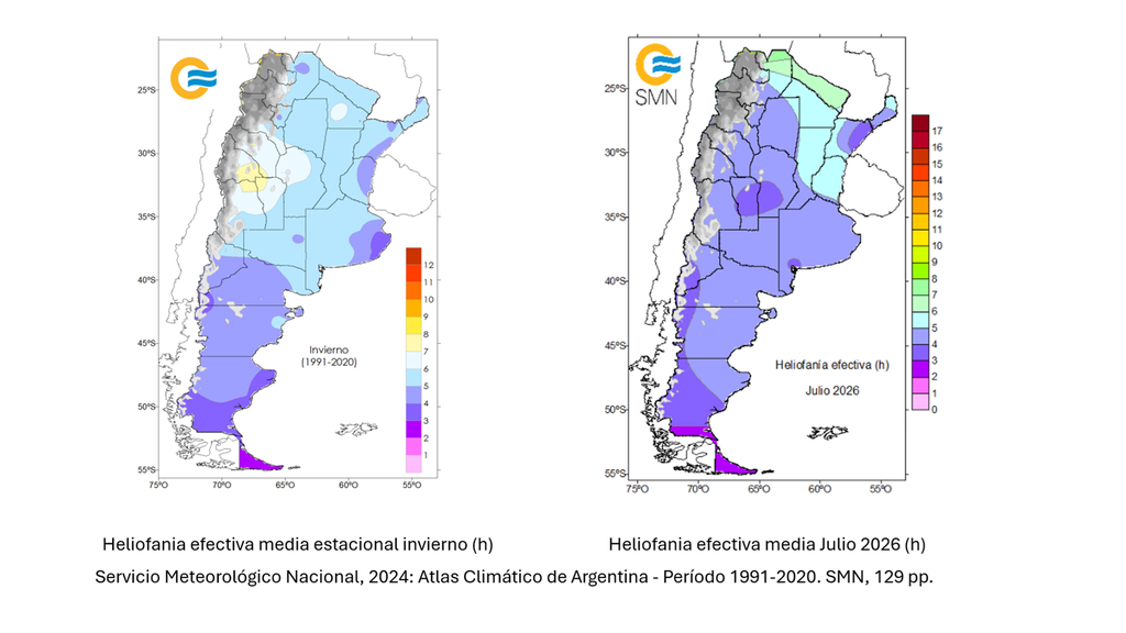 Heliofania efectiva media estacional invierno vs julio Durante todo el mes de Julio la heliofanía efectiva fue menor a la media que corresponde al invierno en gran parte del país, también AMBA.