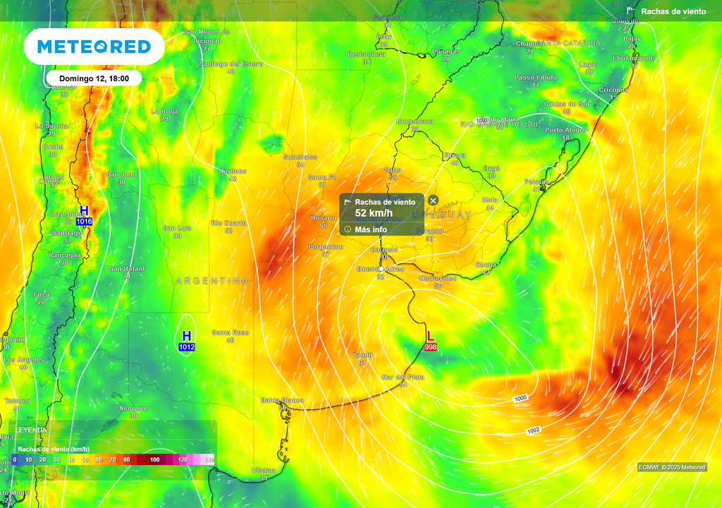 Ráfagas de viento para el domingo 12 de octubre a las 18 h, según el modelo ECMWF.