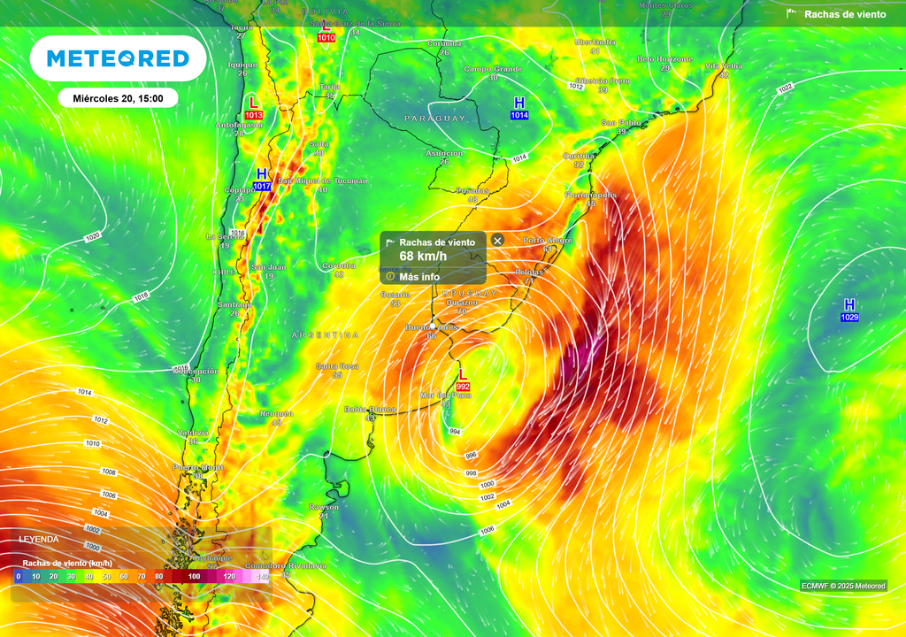 Rafagas de viento en superficie para el día miércoles 20 de Agosto a las 15 h, según el modelo ECMWF.