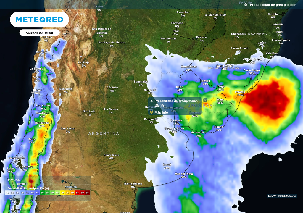 Probabilidad de precipitación en AMBA el viernes 22 de Agosto a las 12 h según el modelo ECMWF