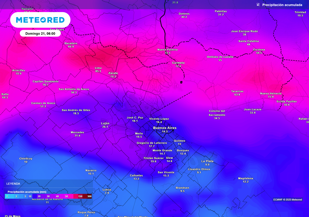 Precipitación acumulada según el modelo ECMWF el domingo 21 de septiembre de 2025 a las 06 hs en Buenos Aires