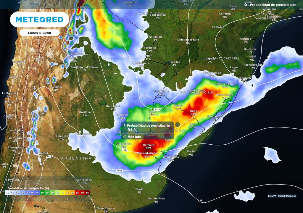 Probabilidad de precipitación__Lunes 8 a las 5 h Probabilidad de precipitación en AMBA el lunes 8 de Junio a las 5 h según el modelo ECMWF.