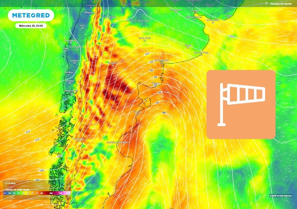 Se esperan vientos fuertes entre hoy y mañana en la Patagonia y parte sur de la región Pampeana.