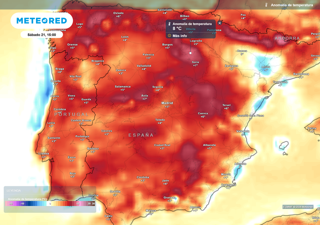 Las temperaturas diurnas de hoy estarán hasta 8 ºC por encima de la media habitual de la época.