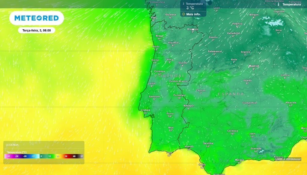 Temperatura prevista às 06:00 da manhã de terça-feira, 3 de novembro. À mesma hora preveem-se 3 ºC em Bragança e 17 ºC em Faro.