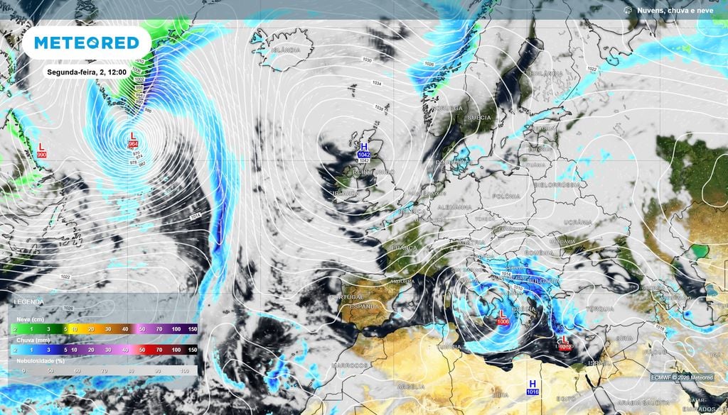 Poderoso anticiclone (com pressão atmosférica central de 1042 hPa) localizado sobre as Ilhas Britânicas na carta de previsão para as 12:00 da próxima segunda-feira, 2 de novembro.