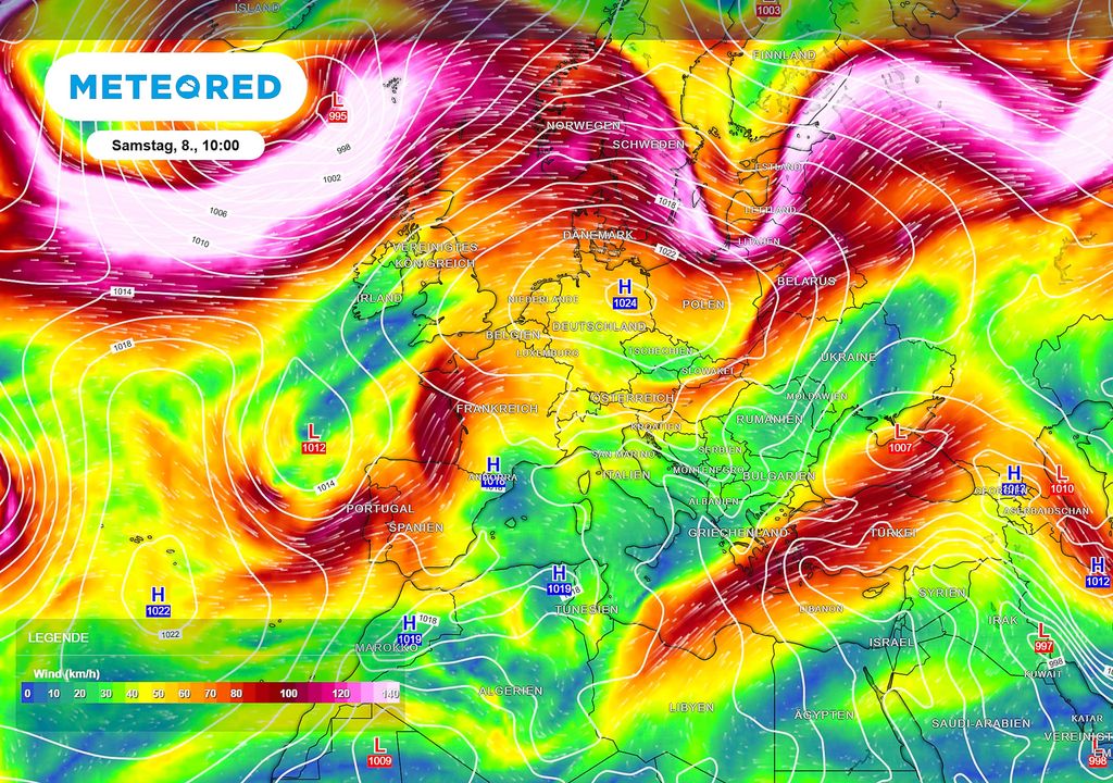 Jet-Stream, Wind, 300 hPa, Hochdruckgebiet Der Jet-Stream sorgt für Hitze in Süddeutschland. Gekoppelt mit der Wellenbewegung des Windbandes setzt sich ein Hoch über Deutschland. Gleichzeitig wird warme Luft aus dem Süden nach Deutschland getragen.