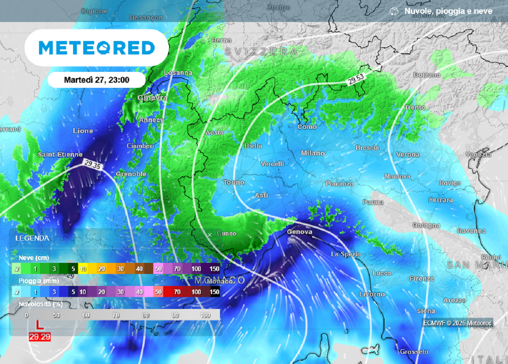 Il peggioramento meteo in arrivo questa sera sul nord-ovest. In verde, le aree dove nevicherà.