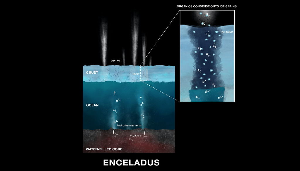 Sorgenti idrotermali Questa illustrazione mostra il processo attraverso il quale composti organici leggeri, solubili e reattivi si depositano sui granelli di ghiaccio emessi dai getti d'acqua della luna di Saturno Enceladus. Credit: NASA/JPL-Caltech