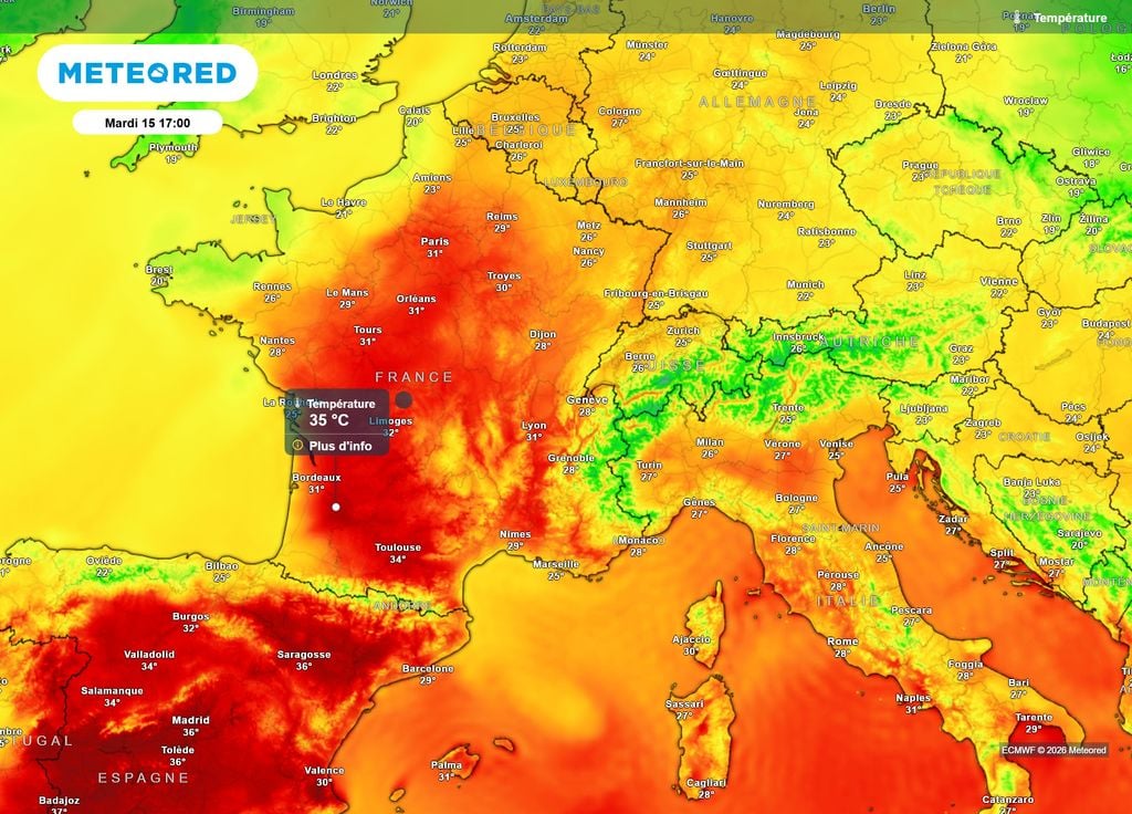 Mardi après-midi, alors que les 30°C seront aussi dépassés sur une partie de la moitié Nord, des pointes à 35°C seront encore possibles dans le Sud-Ouest.