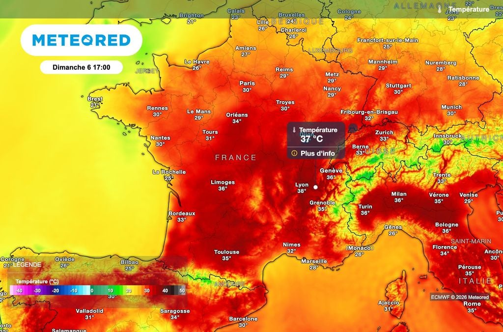 Températures attendues dimanche après-midi.