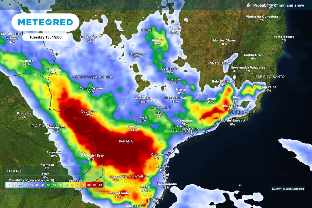 SP, São Paulo, Minas Gerais Previsão de chuva para terça-feira (13), às 15h, com chances de 42% em Franca, 43% em Lavras e 59% em Campinas.