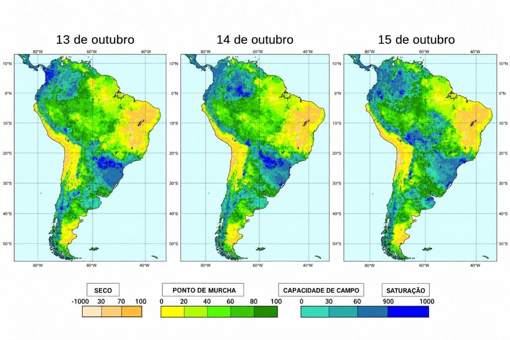 solo, umidade Previsão de umidade do solo para 13, 14 e 15 de outubro mostra diferenças nas condições hídricas de Minas Gerais e São Paulo. Fonte: ECMWF.