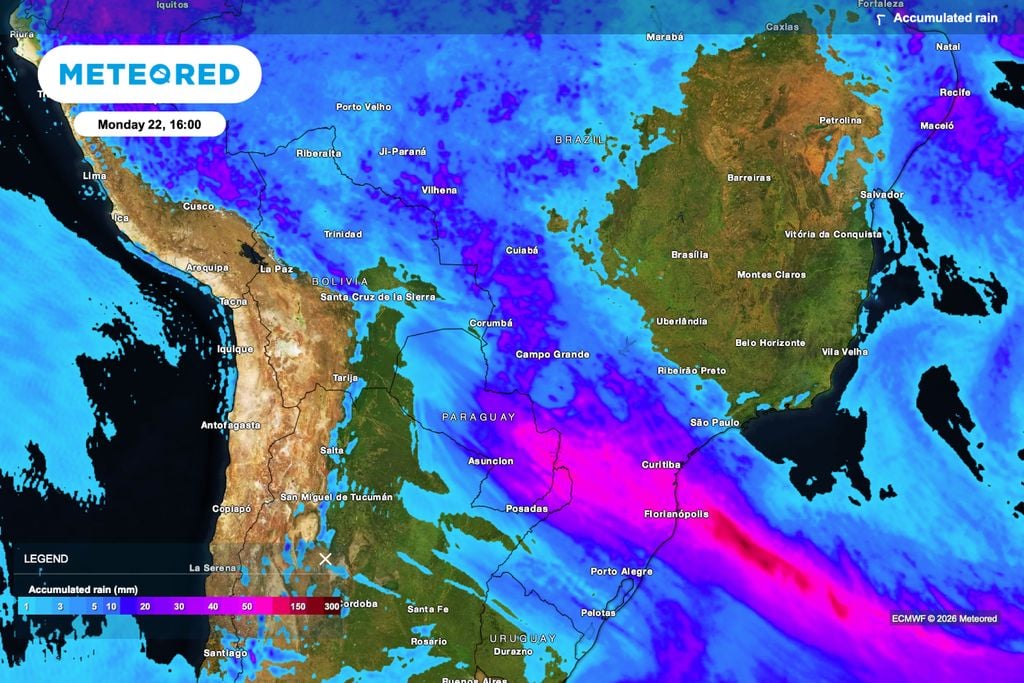 chuva, São Paulo, sul, sudeste, café Chuva acumulada até segunda-feira indica maior volume entre o Sul e parte de São Paulo, enquanto áreas cafeeiras de Minas Gerais ficam mais próximas da borda da instabilidade.