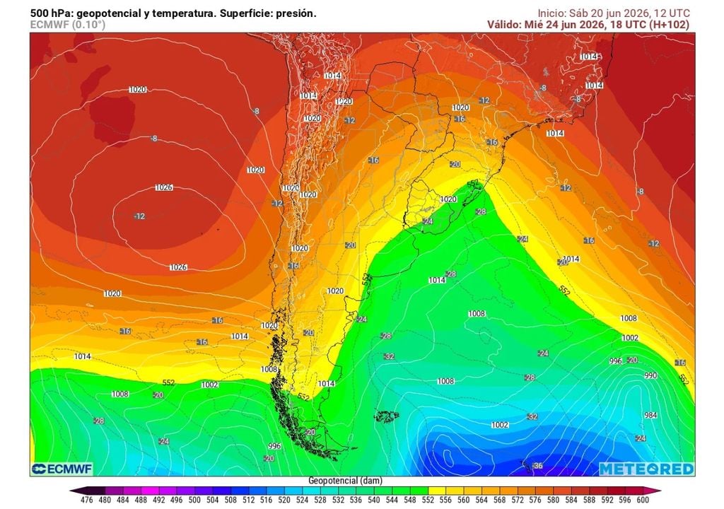 carta de geopotencial y temperatura a 500 hPa Una dorsal en altura se hará presente a partir del miércoles, lo que reforzará la estabilidad y aumentará paulatinamente la temperatura en superficie.