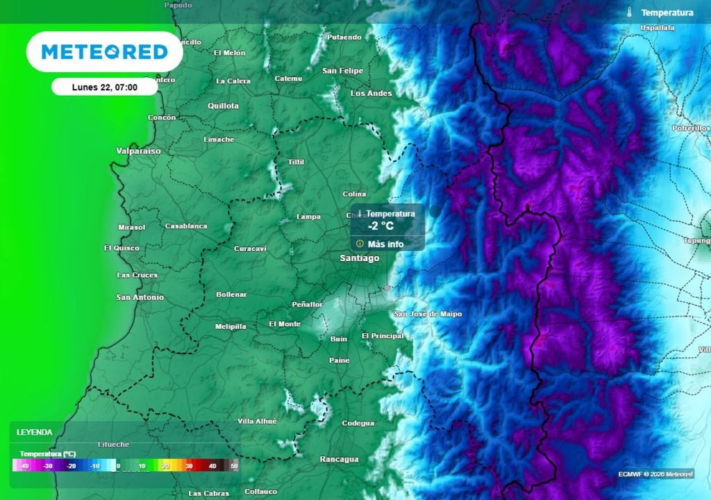mapa de temperatura En la madrugada del lunes se registrarán heladas, e incluso no se descarta la formación de escarcha en algunas localidades por los remanentes de humedad.