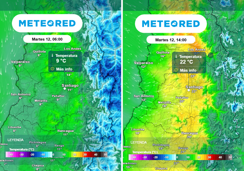 Martes otoñal en Santiago: minimas ligeramente bajo los 10 °C y máximas en torno a los 22 °C en la capital.