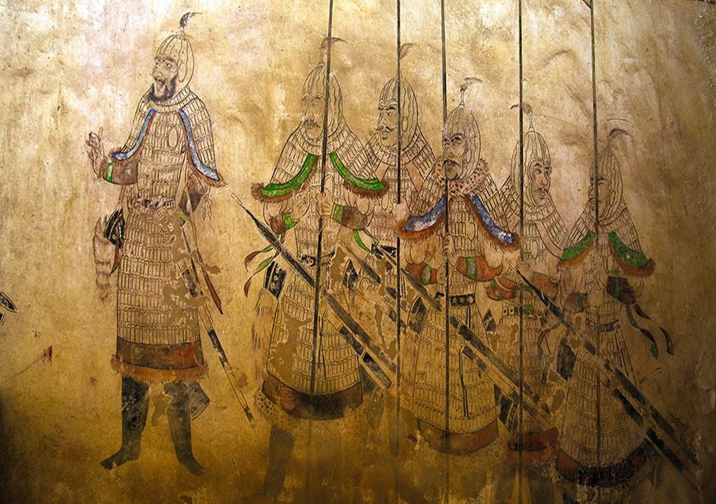 Un fresco de la dinastía Tang representa guerreros.Los cambios climáticos y socioculturales podrían haber contribuido significativamente a la caída de la dinastía Tang, al debilitar las defensas fronterizas. Imagen: Fresco de la dinastía Tang; iStock Photo - Universidad de Basilea
