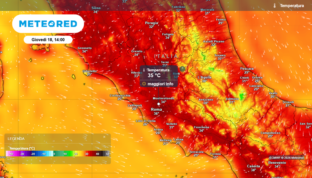 Caldo in intensificazione con valori superiori ai 35°C a Roma da giovedì-