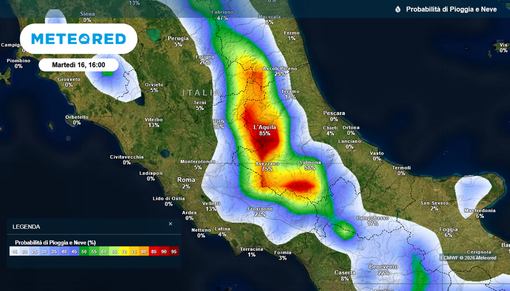 temporali martedì 16 giugno 2026 centro italia La mappa con la probabilità di piogge nel pomeriggio di martedì 16 giugno 2026 al centro Italia.