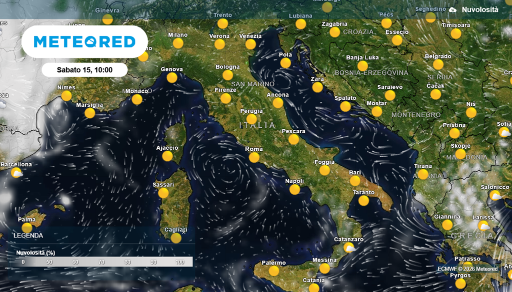Il meteo in Italia nel giorno di Ferragosto, 15 agosto 2026: cieli sereni ovunque in mattinata. Poi, cresceranno le nubi temporalesche nel primo pomeriggio.