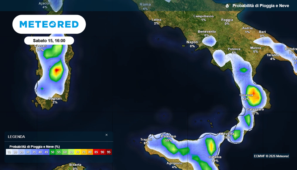 Temporali pomeridiani saranno probabili, nel giorno di Ferragosto, in Sardegna, Sicilia e Calabria. Anche in Puglia potranno verificarsi acquazzoni pomeridiani.