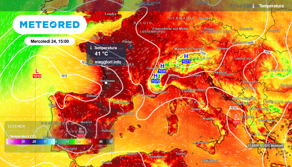 caldo europa In Francia temperature anche superiori ai 40°C sono previste questo mercoledì.