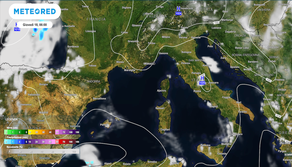 Alta pressione protagonista ssull'Italia Configurazione barica prevista domani alle 6 di mattino