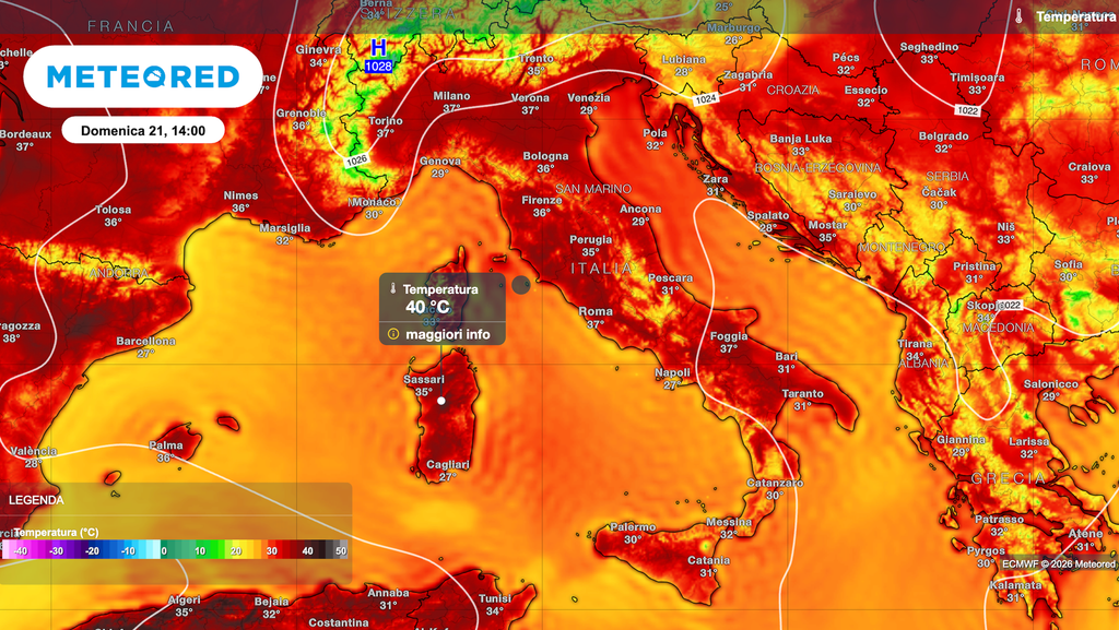 Caldo in intensificazione: previsti 40°C domenica nelle zone interne della Sardegna Mappa relativa alle temperature previste domenica alle ore 14