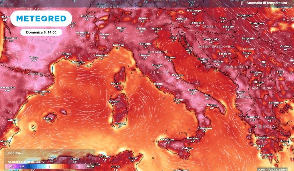 Anomalia termica Anomalia di temperatura prevista durante le ore più calde della giornata di domenica.