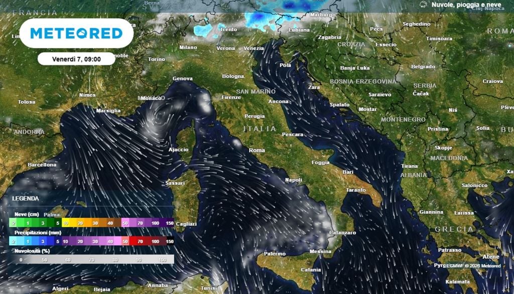 Situazione prevista per la mattinata di venerdì 7 agosto. Il tempo sarà ancora prevalentemente stabile su tutto il Paese, salvo iniziale instabilità a partire dall'area alpina nord-orientale. ECMWF MeteoRed