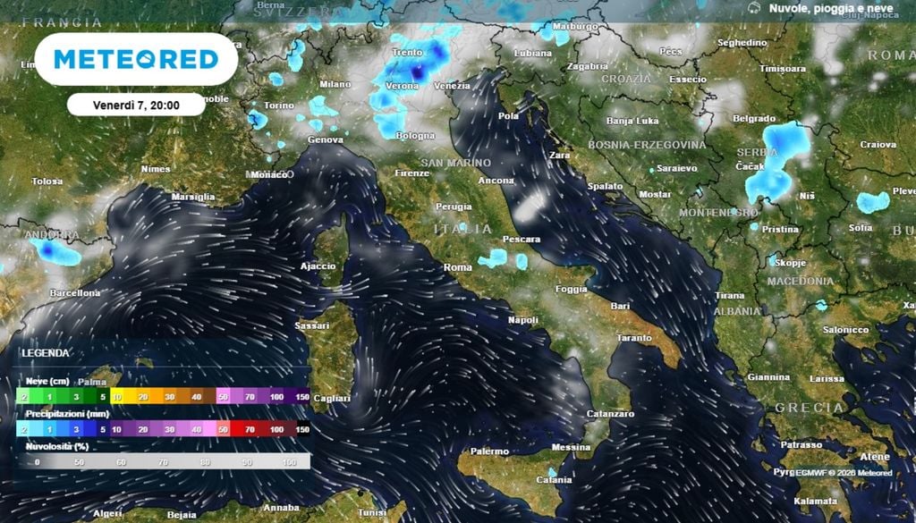 In serata si prevede la possibile estensione dei fenomeni temporaleschi, anche a alcuni tratti delle pianure, soprattutto su quella veneta e friulana. ECMWF MeteoRed